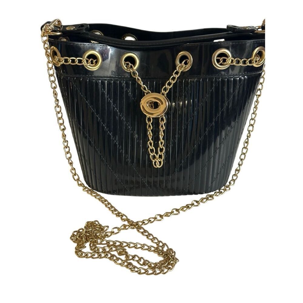 Women's Black Rubber Plasy Gold-Tone Shoulder Chain Strap Bucket Bag One Size